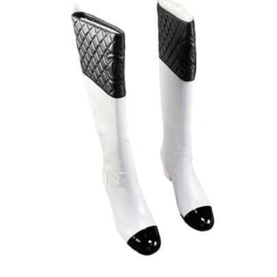 Chanel Knee High White Leather Boots black toe cap Size 40