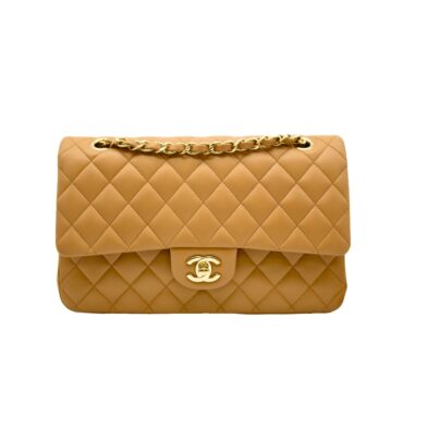 Chanel Medium Classic Double Flap Brown Camel Lambskin Bag quilted leather Goldtone Hardware