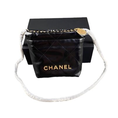 Chanel Mini 22 Black Calfskin Hobo Bag Gold Hardware