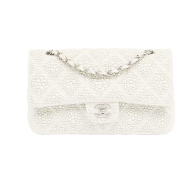 Chanel Timeless White Faux Pearl Medium Flap Bag Tweed and Leather