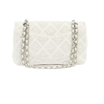 Chanel Timeless White Faux Pearl Medium Flap Bag Tweed and Leather back