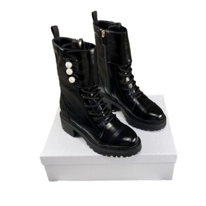 Christian Dior D Strike Black Ankle Boots in Matte Calfskin and Pearl Size 40