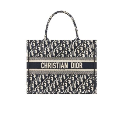 Christian Dior Medium Book Tote Bag Blue Ecru Embroidery Dior Oblique