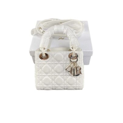 Christian Dior Mini Lady Dior Bag White Lambskin Leather GHW