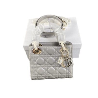 Christian Dior Mini Lady Dior Grey Lambskin Leather Bag Gold Hardware