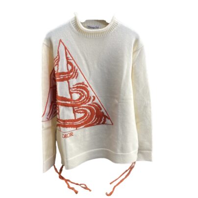 Christian Dior White Wool Blend turtleneck Sweater with orange triangle jacquard Size M