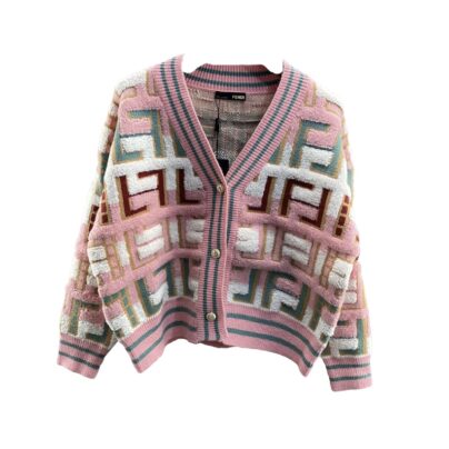 Fendi FF Motif Pink Multicolor V Neck Cardigan Size S