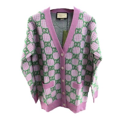 Gucci GG Pink Wool Cardigan in Knit Jacquard Size M with V Neck