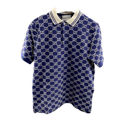 Gucci GG Stretch Cotton Polo Shirt Dark Blue Size M