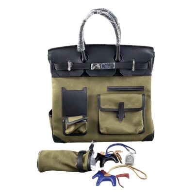 Hermes Cargo HAC Birkin 40 Military Green and Black box leather Bag