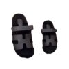 Hermes Men Chypre Black Leather and Shearling Fur Sandals