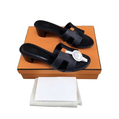 Hermes Oasis Black Heeled Sandals Epsom Leather Size 37