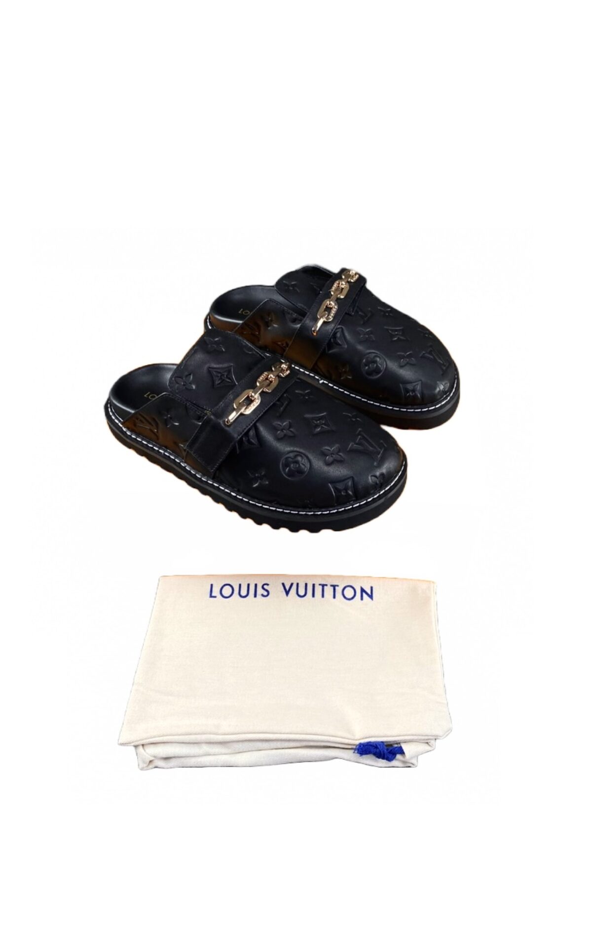LOUIS VUITTON UNIFORMES フラットパンプス ブラック Louis Vuitton Black LV Cosy Flat Comfort Clogs Embossed Leather