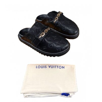 Louis Vuitton LV Cosy Flat Comfort Clogs Black Embossed Canvas Leather Size 39