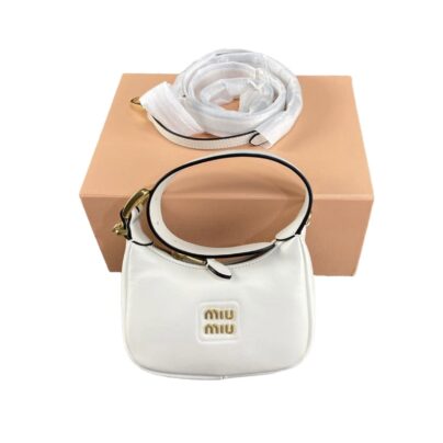 Miu Miu Logo Zip Hobo Top Handle Bag White Leather