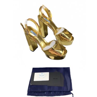Prada Gold Plateau Platform Leather Sandals Size 38