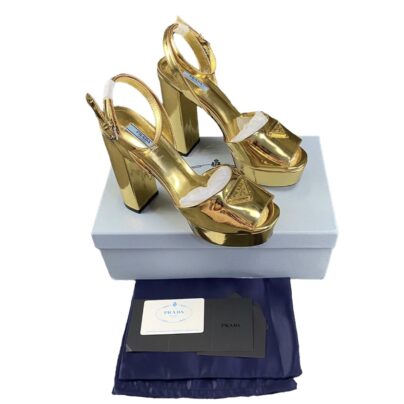 Prada Goldtone Plateau Platform Heeled Sandals Size 40