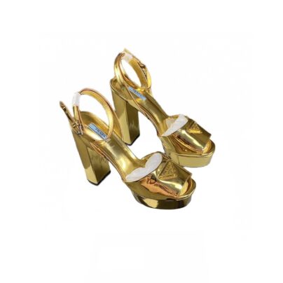 Prada Goldtone Platform Leather Heeled Sandals Size 39