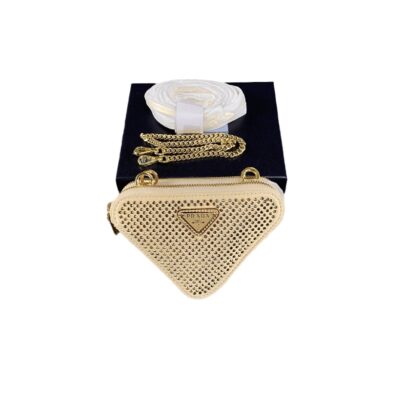 Prada Mini Triangle Gold Crystal Embellished Bag with Gold Chain
