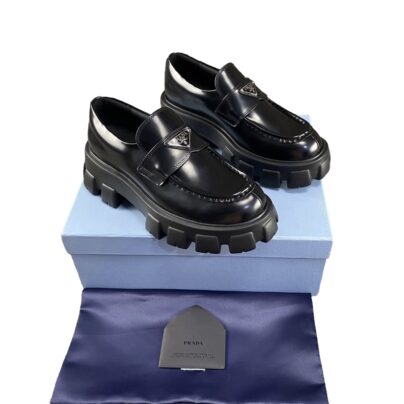 Prada Monolith Black Platform Loafers Brushed Leather Size 40