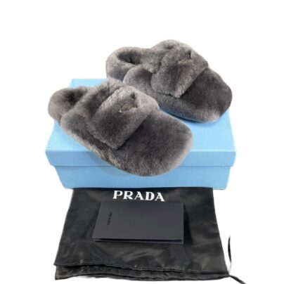 Prada Triangle Logo Grey Shearling Fur Slippers Size 40