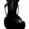 Saint Laurent Bea Mink Fur Black Heeled Sandals Size 39
