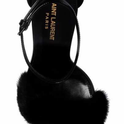 Saint Laurent Bea Mink Fur Black Heeled Sandals Size 39