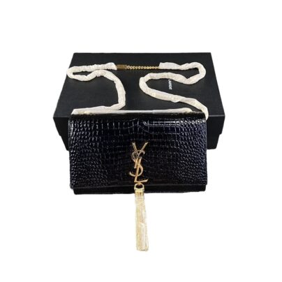 Saint Laurent Kate YSL Croc Embossed Black Wallet on Chain with gold tassel