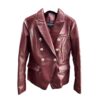 Balmain Red Bordeaux Double breasted leather blazer FR36