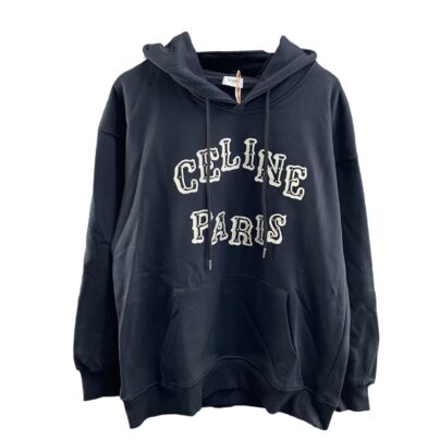 Celine Paris Loose Embroidered Black Cotton Hoodie Size L