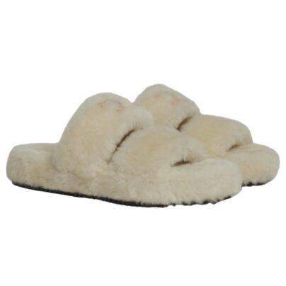 Celine Shearling Fur Beige Triomphe Slides Size 38