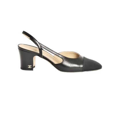 Chanel Black Cap Toe Leather DOrsay Slingback Fabric Pumps Size 37