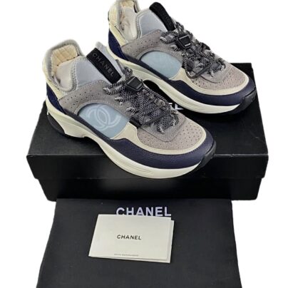 Chanel CC Grey Navy Blue Sneakers in Leather and Fabric Size 39