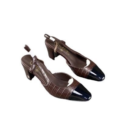 Chanel CC Slingback Croc embossed Brown Black Cap Toe Calfskin Leather Pumps Size 37