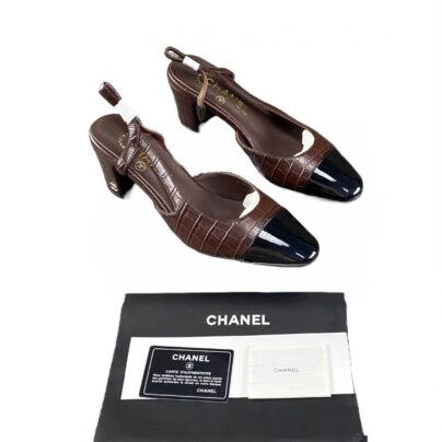Chanel CC Slingback Croc embossed Brown Black Cap Toe Calfskin Leather Pumps Size 41