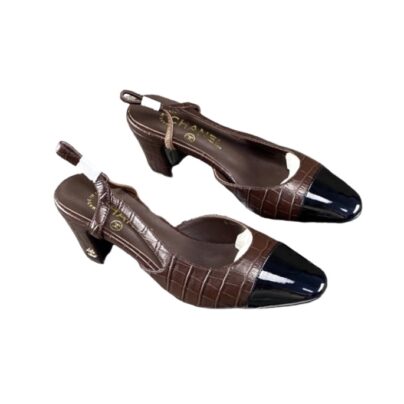 Chanel CC Slingback Croc embossed Pumps Brown Black Cap Toe Calfskin Leather Size 39.5