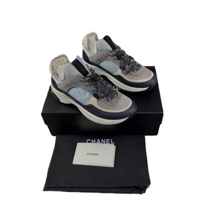 Chanel CC sneakers in Grey Navy Blue Leather and Fabric Size 38