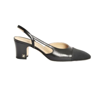 Chanel DOrsay Cap Toe Leather Black Leather Fabric Slingback Pumps Size 41