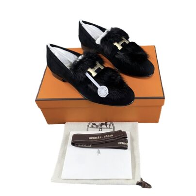Hermes Black Paris Loafers Mink Fur Suede size 38