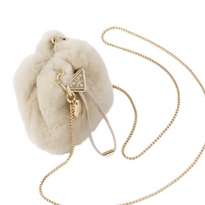 New Prada Shearling Mini pouch chain bag in white fur