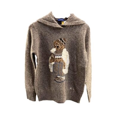 Ralph Lauren Polo Bear Wool Blend Knit Brown Hoodie Size M