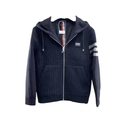 Thom Browne Zip Up Striped Navy Blue Cotton Hoodie