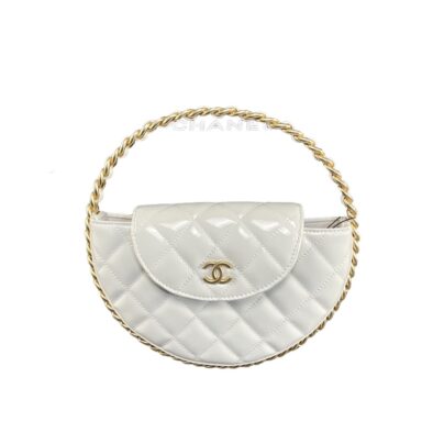 Chanel 23k White Hula Hoop Bag Quilted Patent Leather Goldtone hardware