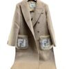 Fendi Beige Long Wool Coat with FF Patch Fur pockets Size EU 40