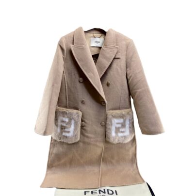 Fendi Long Beige Wool Coat with FF Patch Fur pockets Size EU 38