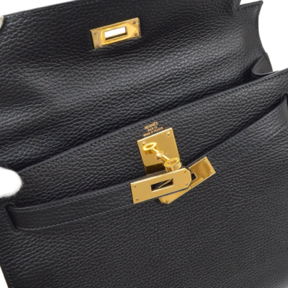 Hermes Kelly 28 Black Handbag GHW logo