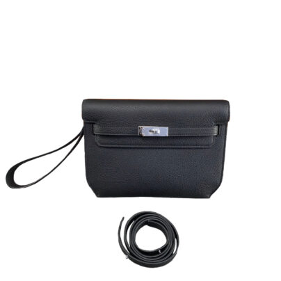 Hermes Kelly Depeches 25 Black Pouch Bag Epsom Leather SHW