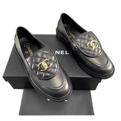 Chanel Black Quilted Leather Loafers with Gold Turnlock Size 38