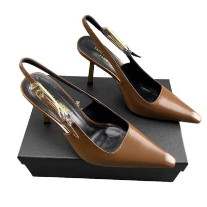 Saint Laurent LEE Slingback Brown Leather Pumps Size 38