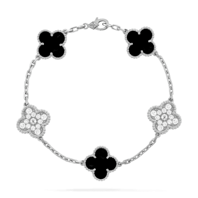 Van Cleef and Arpels 5 Motifs Diamond and Onyx Vintage Alhambra 18k White gold Bracelet